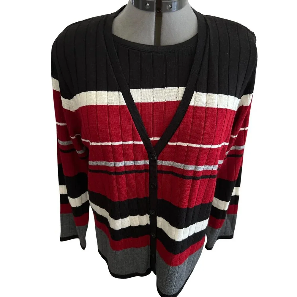 Alfred Dunner Cardigan faux 2 pc Sweater S Black/Red/Gray Striped Button-Front